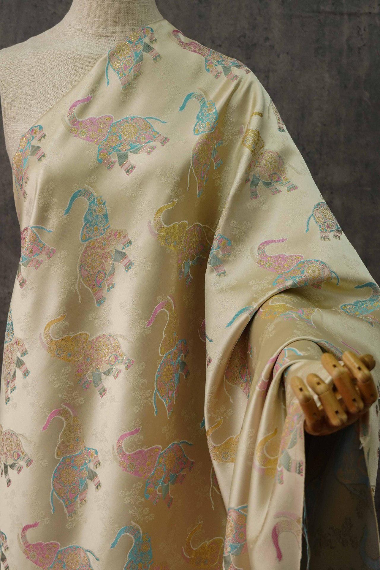 Elephant Brocade Fabric: 55" Ethnic Tibetan Damask, Costume Upholstery