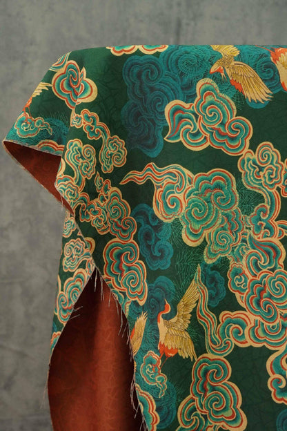 Auspicious Cloud Tea Silk Satin Fabric: Dark Green Upholstery, Costume, Drapery (59"W)