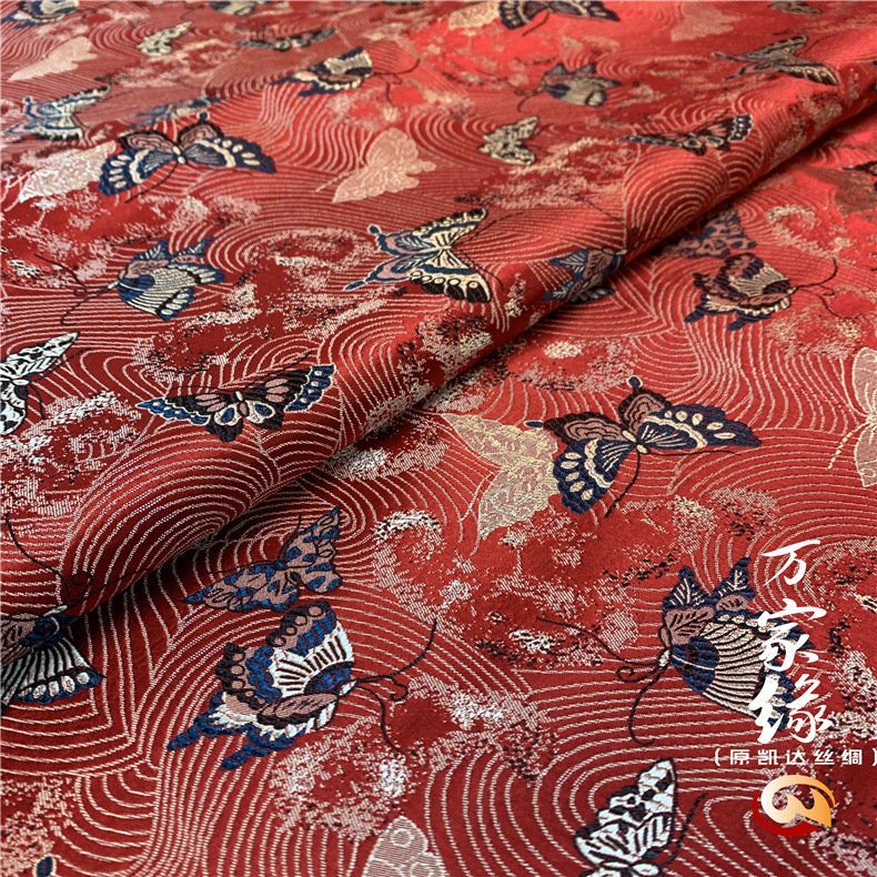 29.5"W Pure natural silk brocade, Butterfly Traditional Wedding Brocade, Jacquard mulberry silk Damask fabric, Upholstery, Decor, Costume