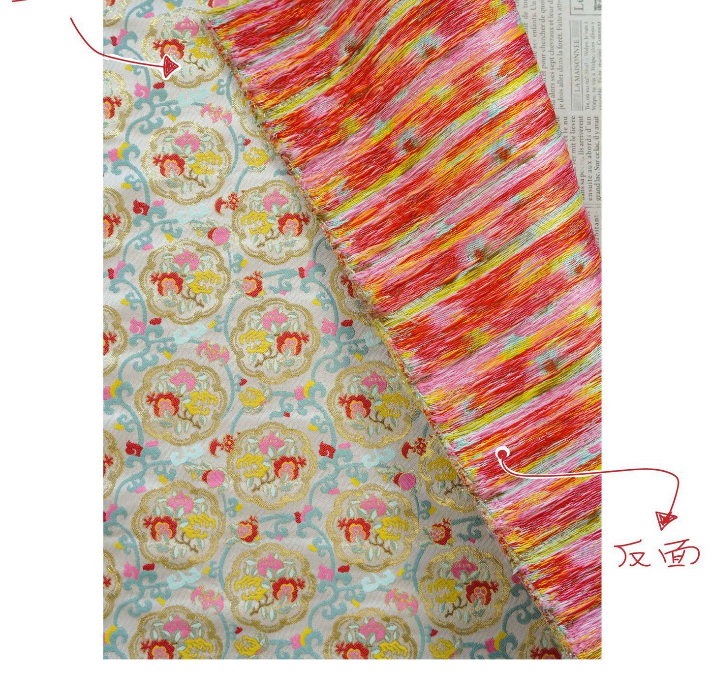 Oriental Medallion Jacquard Fabric, Gold Thread Chinese Textile, 59"W