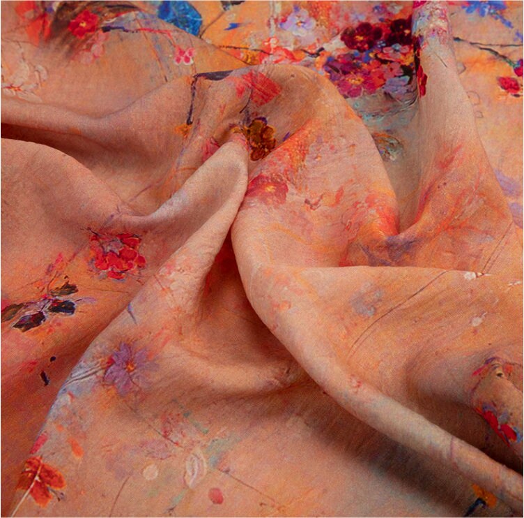Floral Printed Linen Tencel Fabric: Lightweight Sewing Material, 57"W
