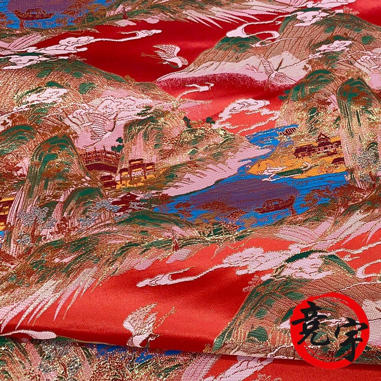 Red & Gold Chinese Brocade Fabric: Ancient Paintings Pattern (59" Wide)