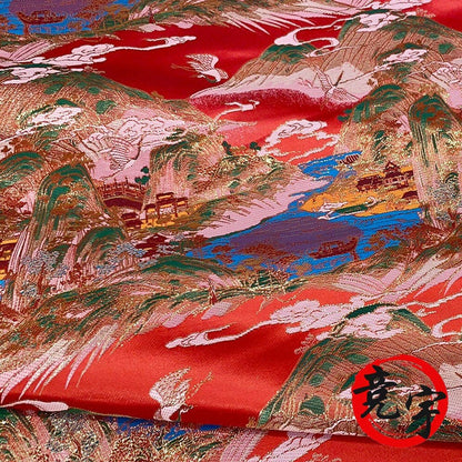 Red & Gold Chinese Brocade Fabric: Ancient Paintings Pattern (59" Wide)
