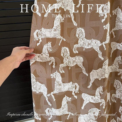 Tissu d'ameublement jacquard chenille Royal Horse ��� Rideaux couleur crème blé (Par The