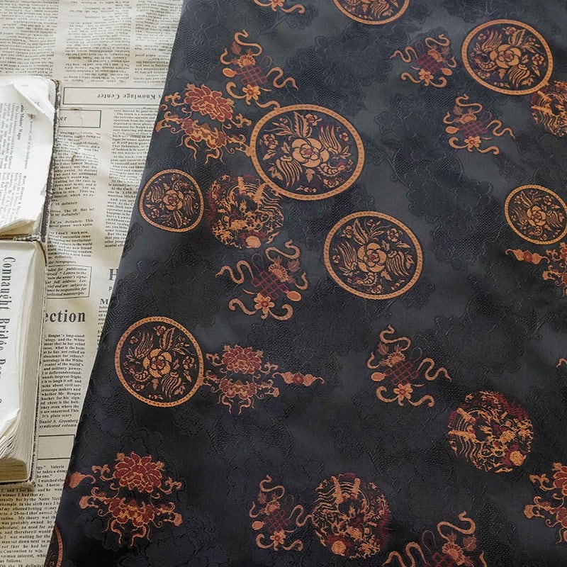 Black Botanical Print Fabric: Floral Cloud Yarn Upholstery, 59" Wide