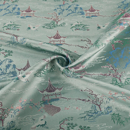 Tissu brocart Nishijin : Kimono Garden bleu aqua, 150 cm de large
