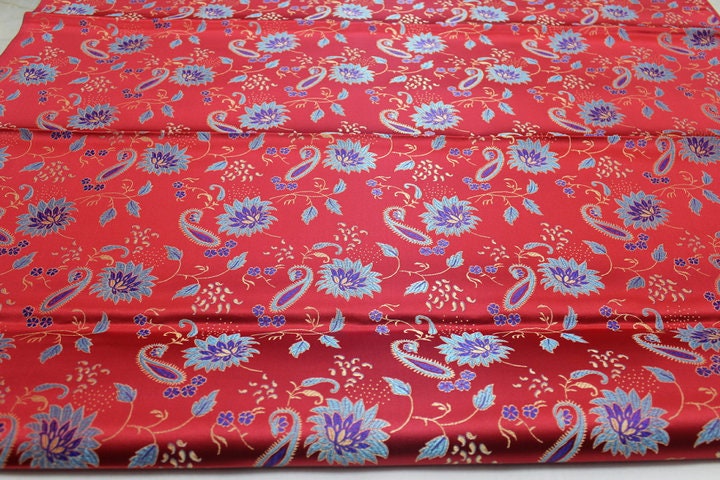 Tissu brocart de soie rouge : 89 cm de large, motif pivoine, tissu de mariage chinois