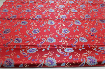 Tissu brocart de soie rouge : 89 cm de large, motif pivoine, tissu de mariage chinois