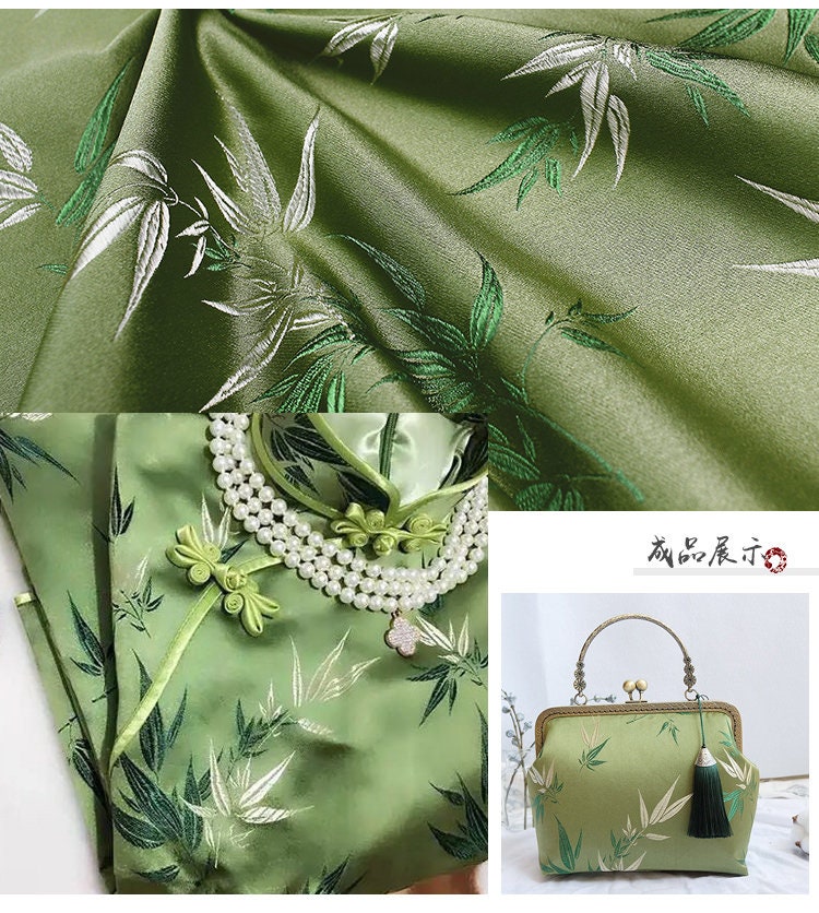 Tissu brocart de soie à motifs bambou et fleurs : largeur 75 cm, matériau de couture coloré