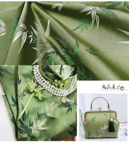 Tissu brocart de soie à motifs bambou et fleurs : largeur 75 cm, matériau de couture coloré