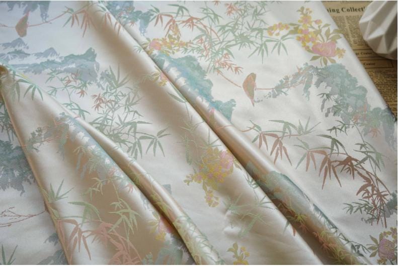 Bamboo Leaf Brocade Fabric: Japanese Bird & Butterfly Silk, 59"W