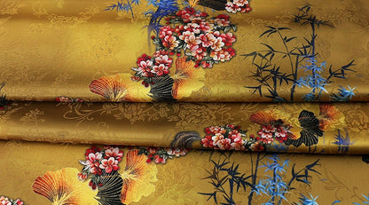 Tissu satin de soie Ginkgo Tea : imprimé floral, 150 cm de large