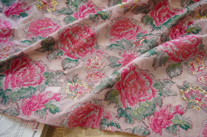 Embossed Flower Jacquard Fabric: 3D Gold Thread Design, 55" Wide