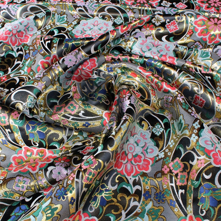 Gold Thread Kinran Fabric: Japanese Style Floral Upholstery, Costume, Decor - 29.5" Wide