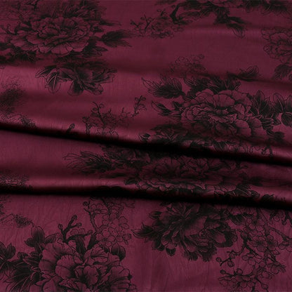 Tissu satiné à motif pivoine : rayonne imprimée de luxe foncée, 150 cm de large