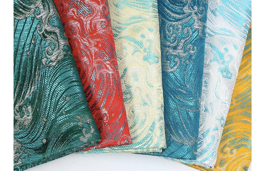 Tissu brocart de soie et rayonne à motif vagues océaniques : ameublement, costumes, décoration - 75 cm
