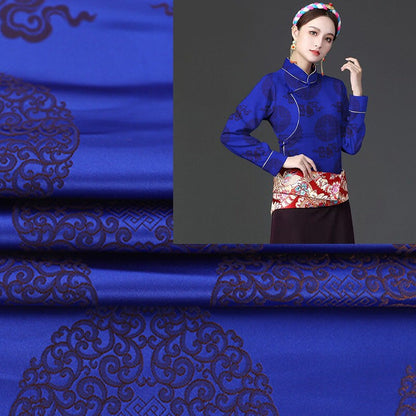 Tissu brocart bleu : Jacquard de rayonne de style sino-mongol (largeur : 75 cm)