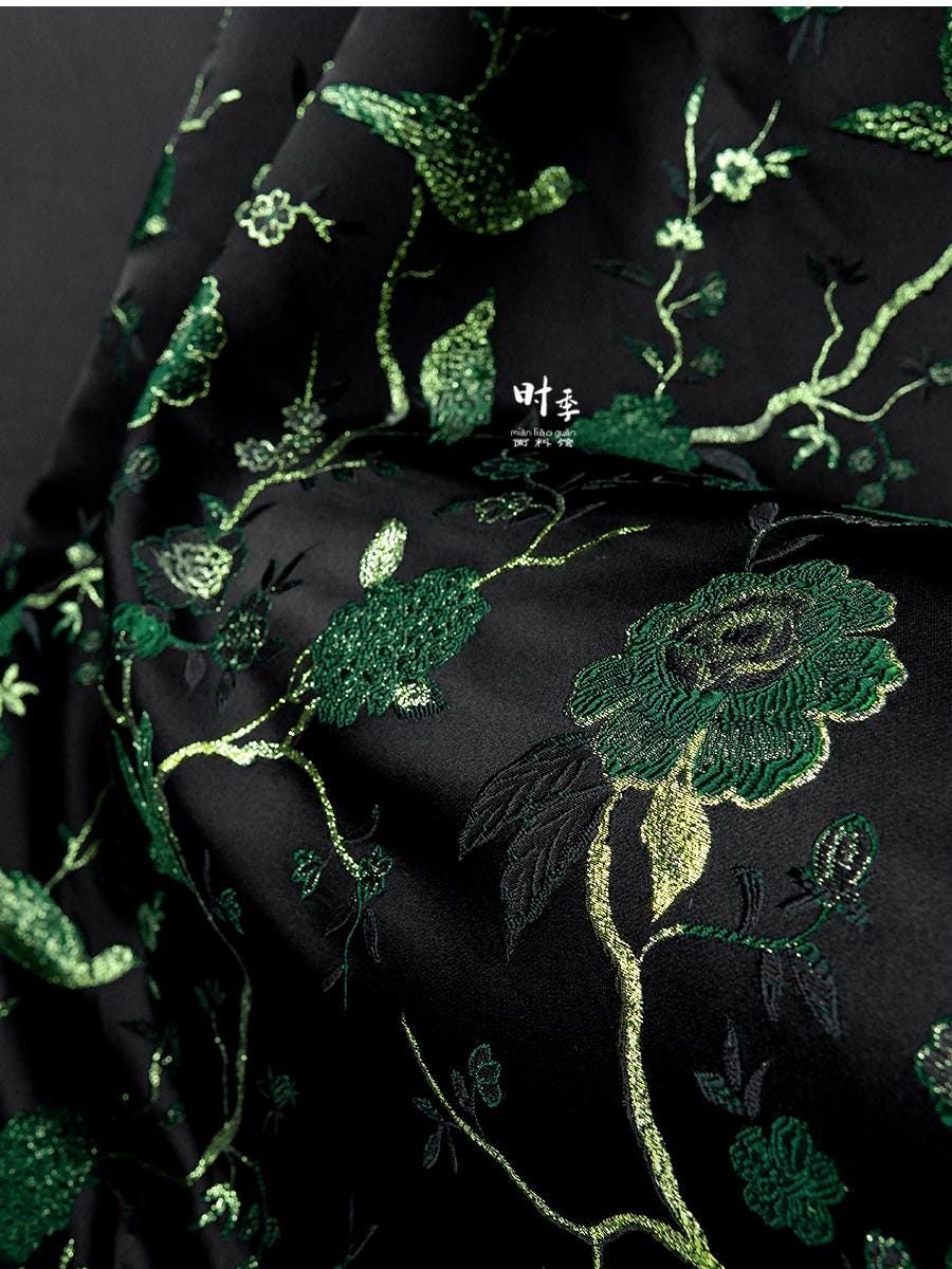 Black & Jade Green Brocade Fabric | 3D Textured Jacquard, 55" Wide