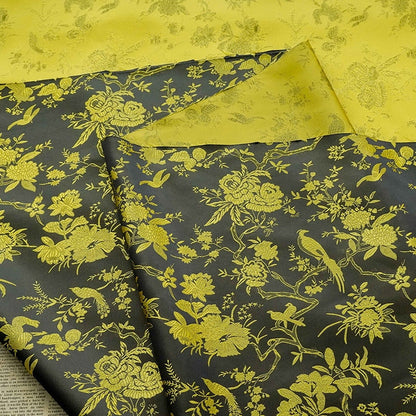 Black Gold Chinese Brocade Fabric Wild Bird and Azalea Cushion cover, pillow case, cheongsam, Qipao, Upholstery, Costume, bag, Sewing/Fabric