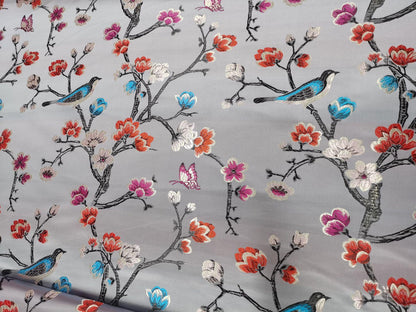 Red Silk Brocade Fabric: Bird & Branch Print, 59" Wide