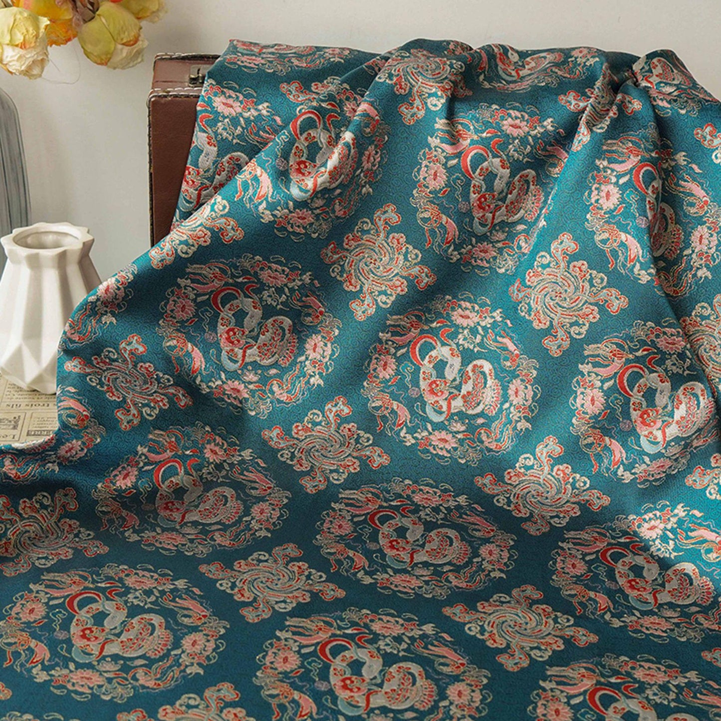 Cyan Brocade Fabric: Chinese Dynasty Jacquard Polyester, 66" Wide