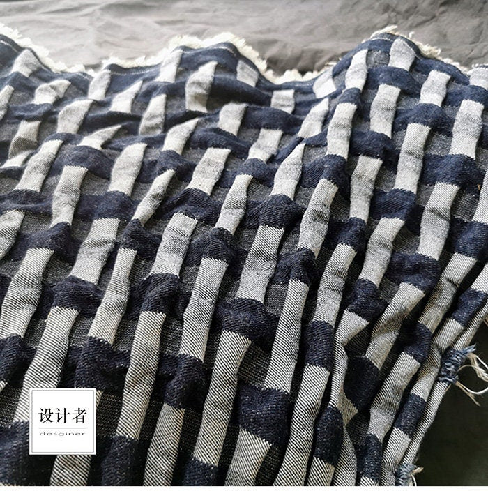 Tissu denim jacquard : coton à motif losanges 3D, pour l’ameublement et la couture (170 cm)