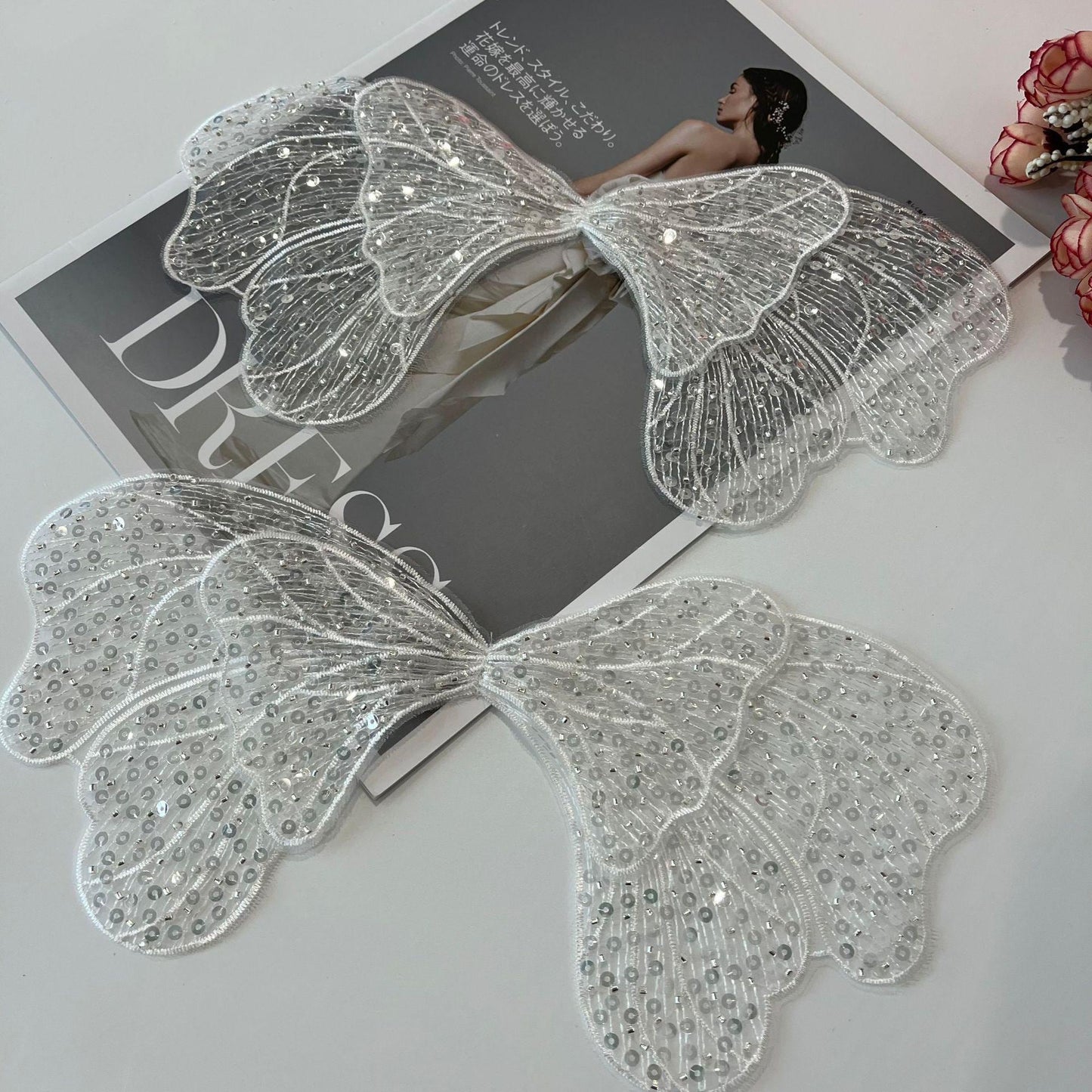 Butterfly Embroidered Lace Trim: Light Ivory Sequins, Bridal Wedding Veil (By Pair)