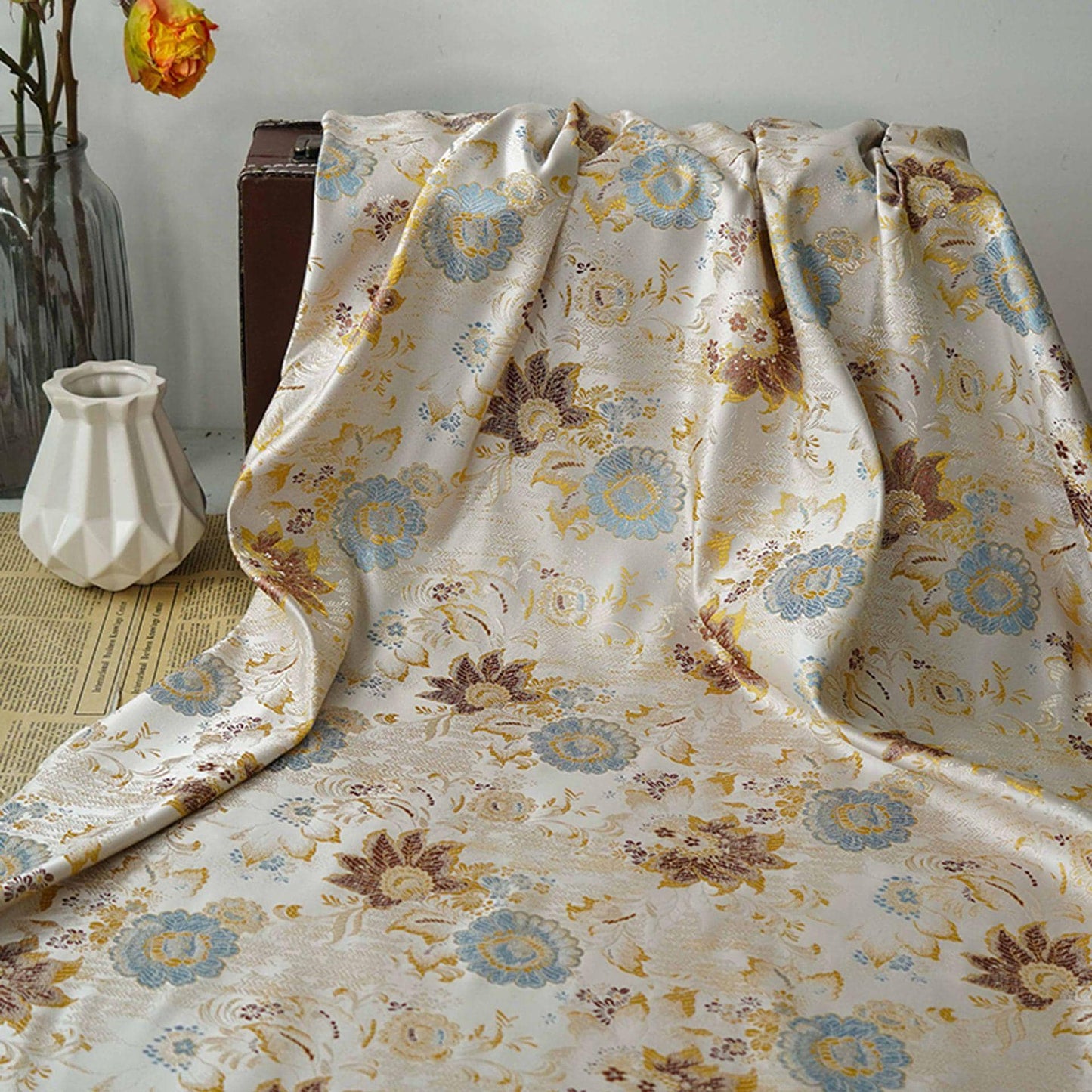 Floral Brocade Fabric: Silky Jacquard, Chinese Wedding Style, 58"W