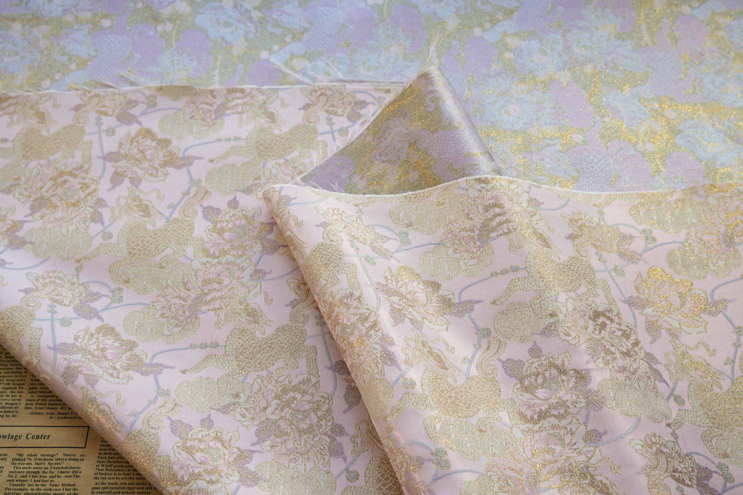 Gold Thread Pink Flower Jacquard Fabric: 3D Embossed Woven, 55"W
