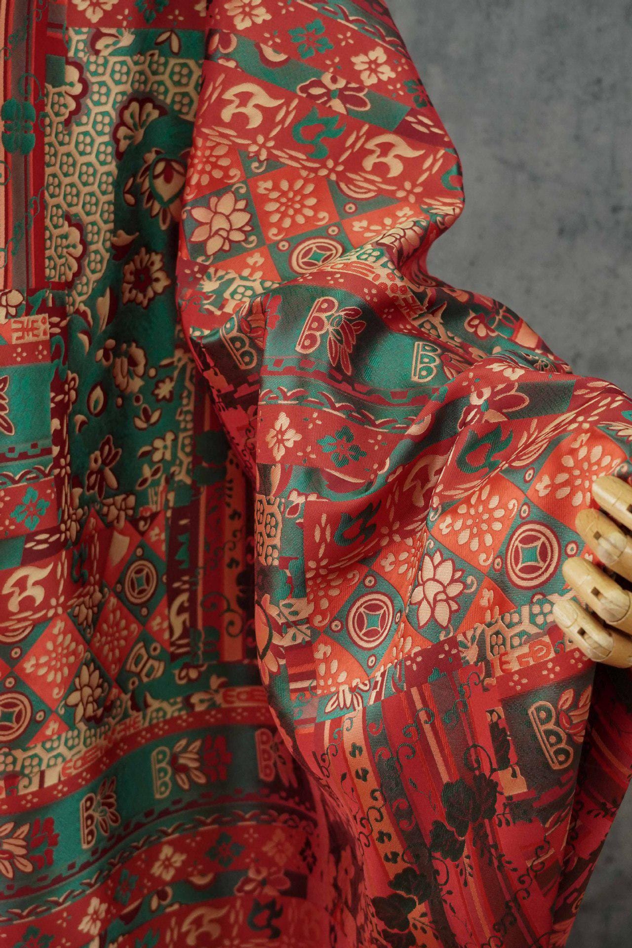 64"W Teal Jacquard Brocade Fabric ��� Longevity Peony Flower, High-Density Satin, Traditional Asian Textile for Quilting, Costumes, Home