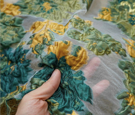 Floral Organza Jacquard Fabric: Gold Thread Upholstery, 56" Wide