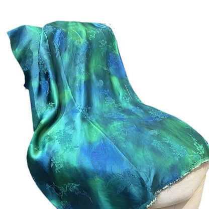 Teal & Blue Floral Mulberry Silk Fabric: 55"W Digital Print