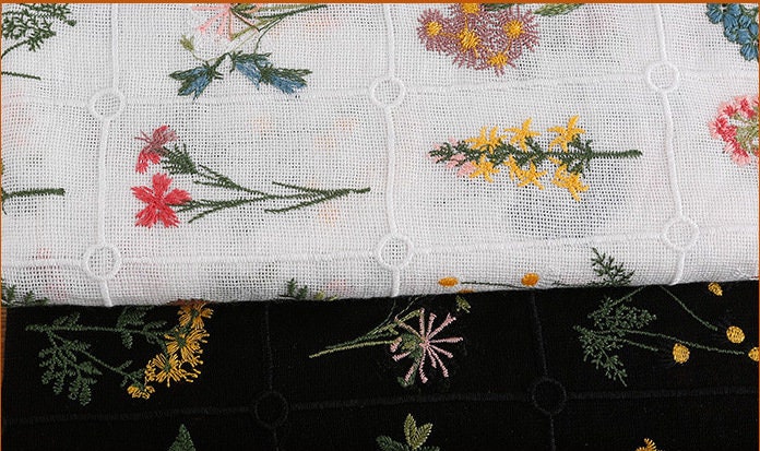 Floral Embroidery Cotton Fabric: Multicolour Plants, 49" Wide