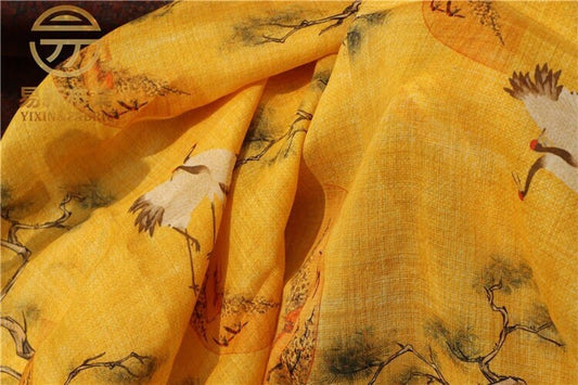 Tissu en lin à motif de grues jaunes : Décoration zen, Ameublement, Couture (55 po de largeur)