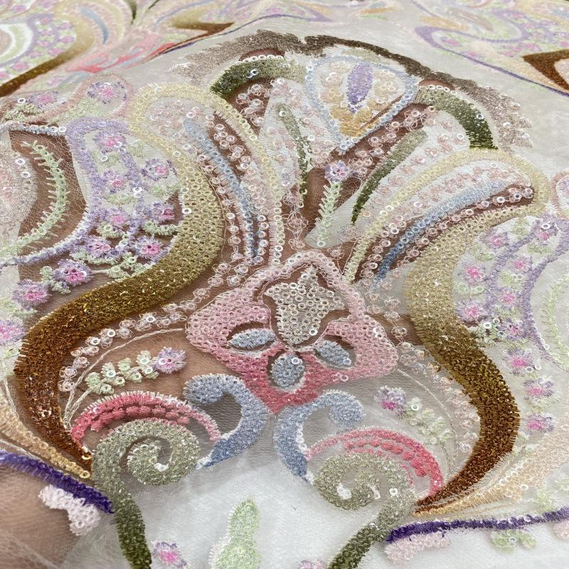 Colorful Sequin Embroidered Mesh Lace Fabric, 49"W, See-Through