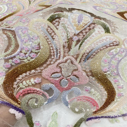 Colorful Sequin Embroidered Mesh Lace Fabric, 49"W, See-Through