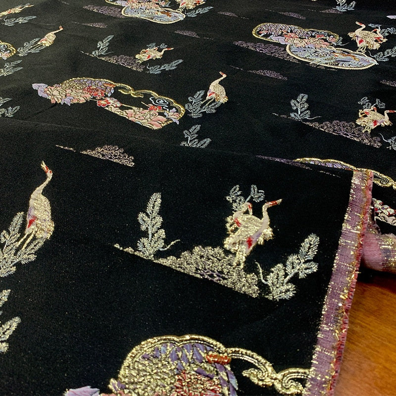 Black Crane Brocade Fabric with Gold Thread - 57"W Rayon Jacquard