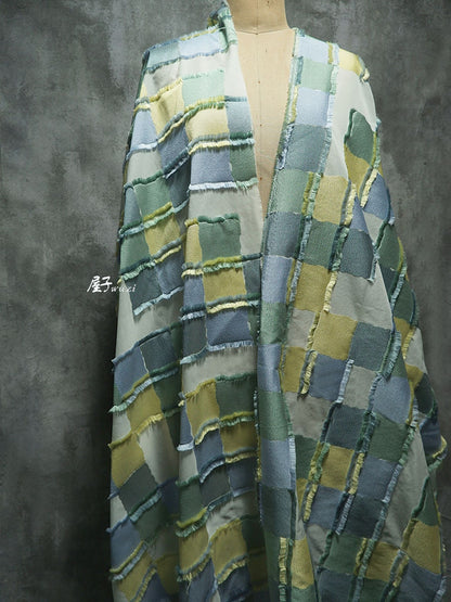 Plaid Patchwork Jacquard Fabric: Raw Edge Denim Style, 57" Wide