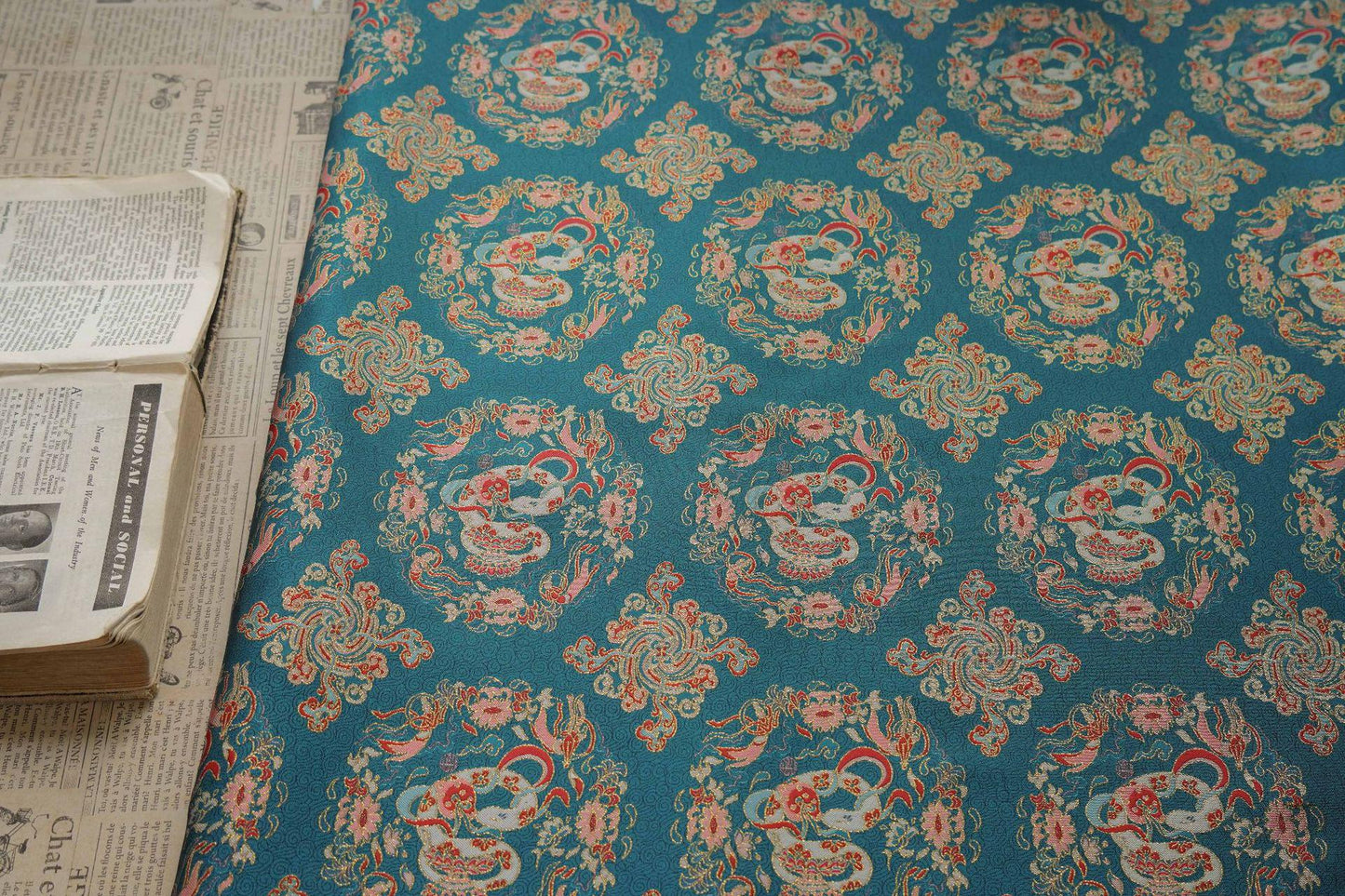 Cyan Brocade Fabric: Chinese Dynasty Jacquard Polyester, 66" Wide