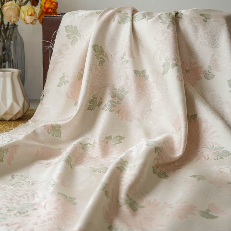 Tissu jacquard brocart pivoine rose pâle - Style palais rétro