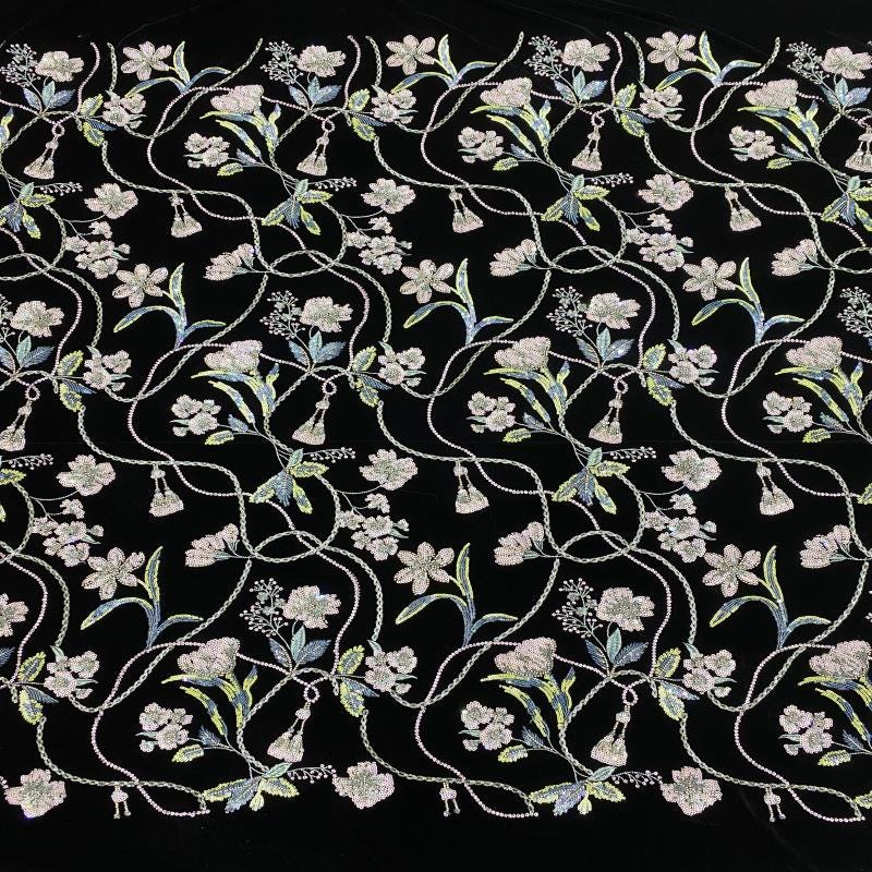 Beaded Floral Velvet Fabric: 43"W Embroidery Designer Material