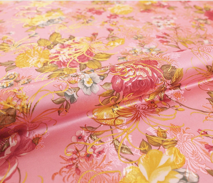 Chrysanthemum Silk Brocade Fabric: 59"W Floral Damask, Quilting & Upholstery