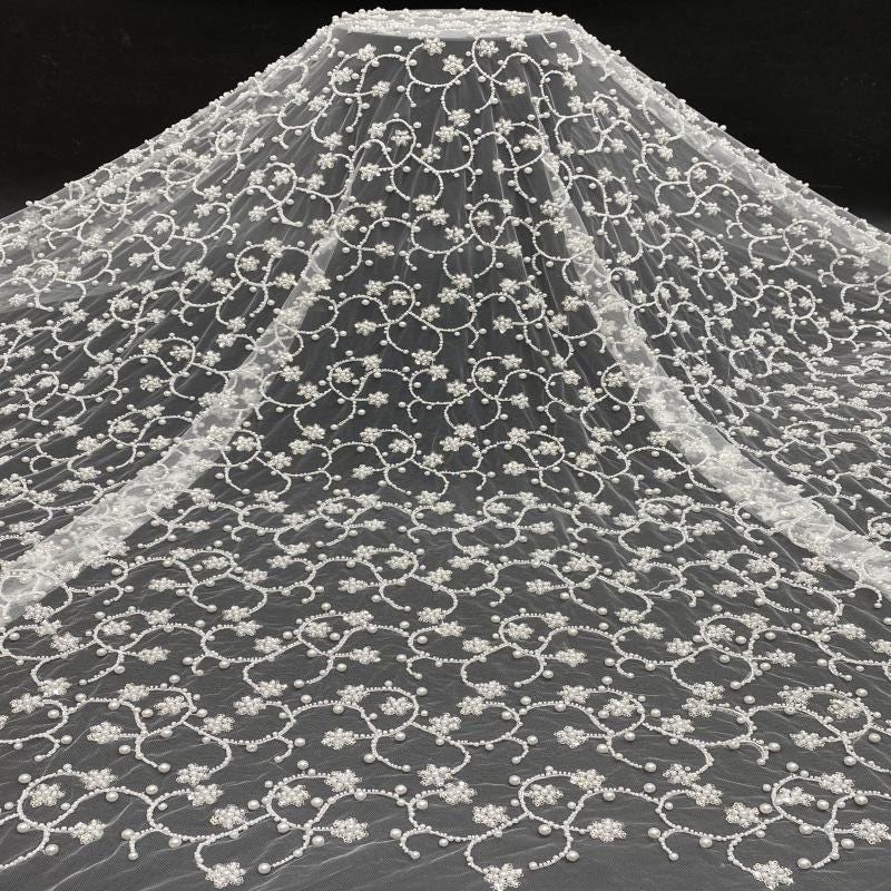 High-End Beaded & Sequin Fabric ��� 4/6/8mm Pearl Embroidery, Wedding Dress, Bridal Gown Material, Prom Dress, Luxury Fashion Fabr"Wide