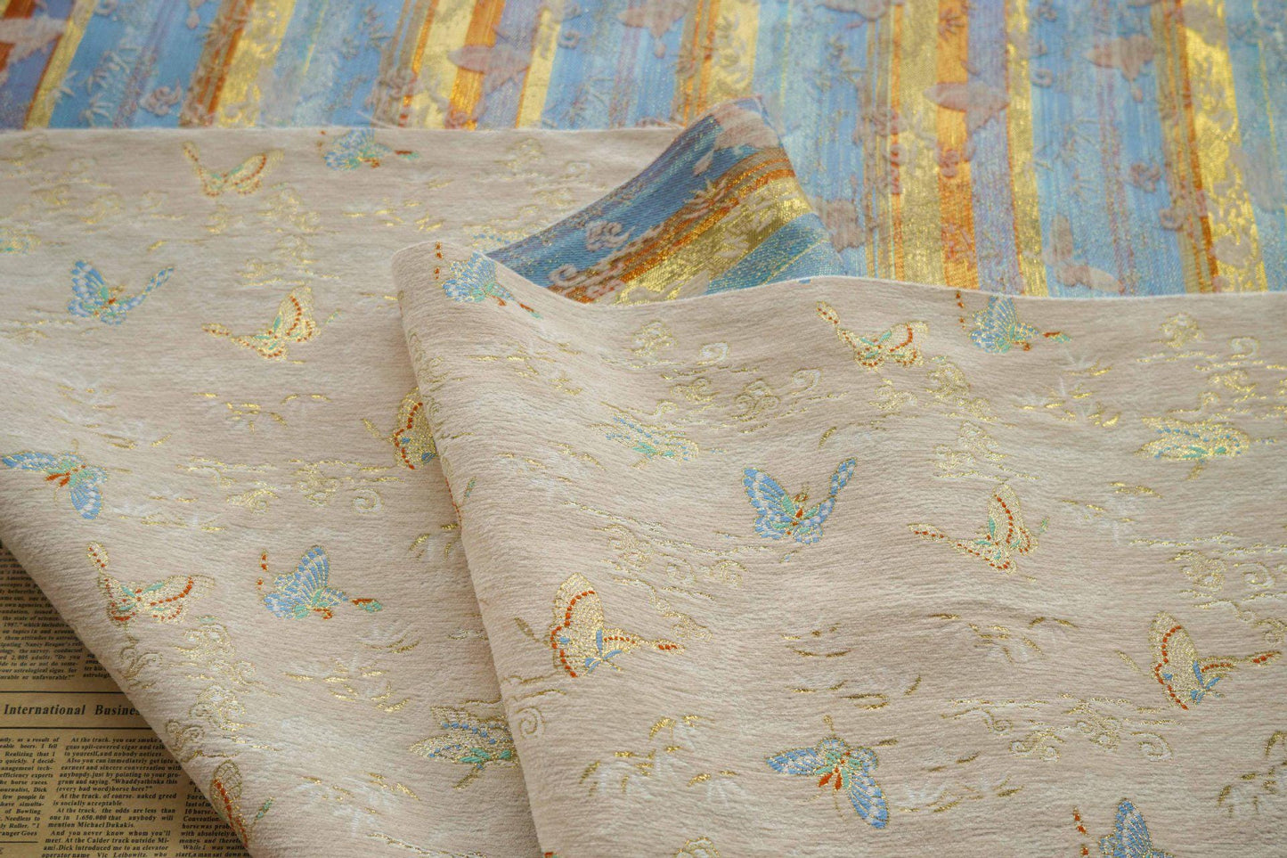Beige Chenille Jacquard Fabric: Butterfly Foil Upholstery, Costume, Decor