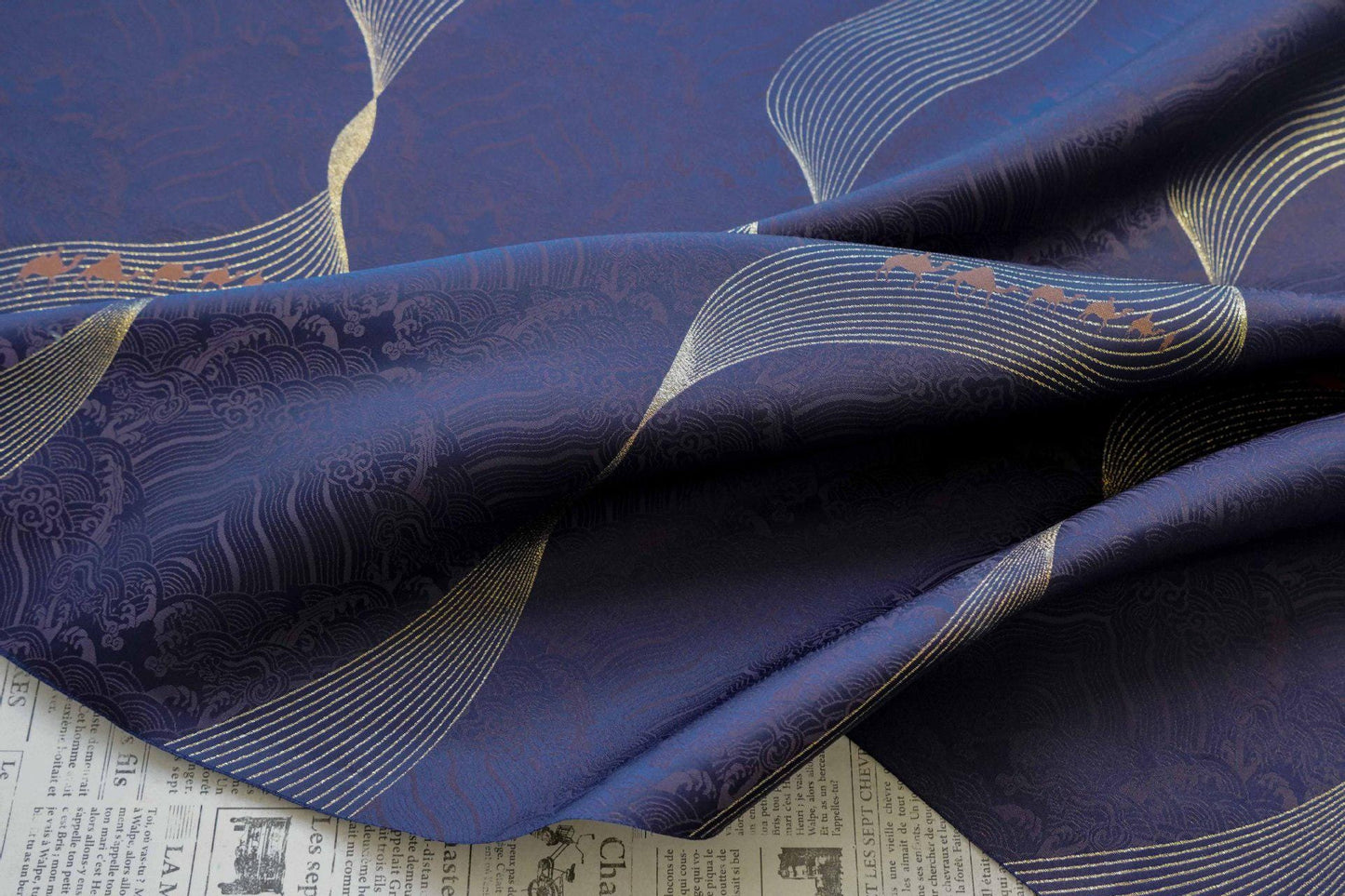 Dark Purple Jacquard Fabric: Golden Wave Pattern, Luxury Upholstery - 65"W