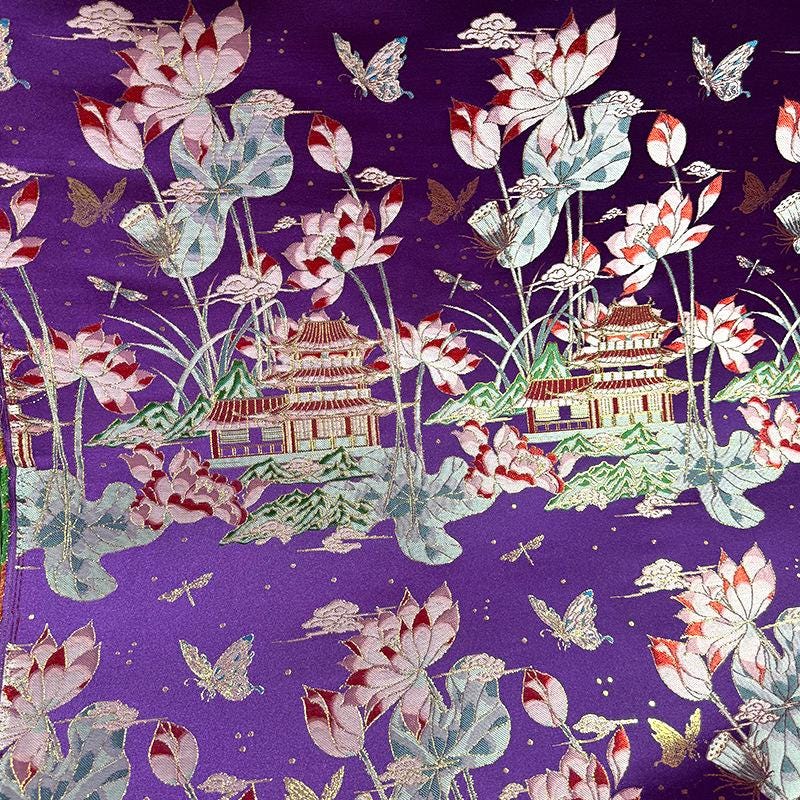 Lotus Silk Brocade Fabric: Tibetan Robe, Cheongsam, Upholstery, 59"W