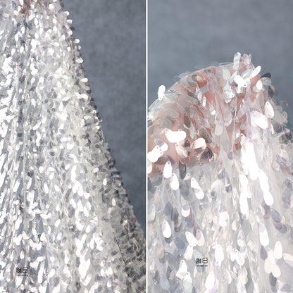Silver Sequin Mesh Fabric, Hand Embroidered Water Drop Design, 59" Wide