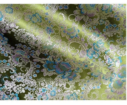 Tissu jacquard brocart vert : Satin brodé de motifs floraux et de vignes de Kuilong chinois