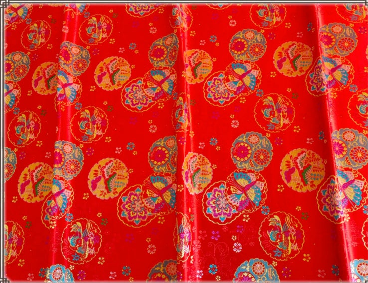 Red Butterfly Brocade Fabric: 59" Wide Silk Rayon Jacquard