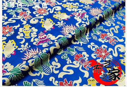 Tissu brocart de soie à double motif Poissons : Tissu de couture pour cheongsam bleu (29,5" de large)